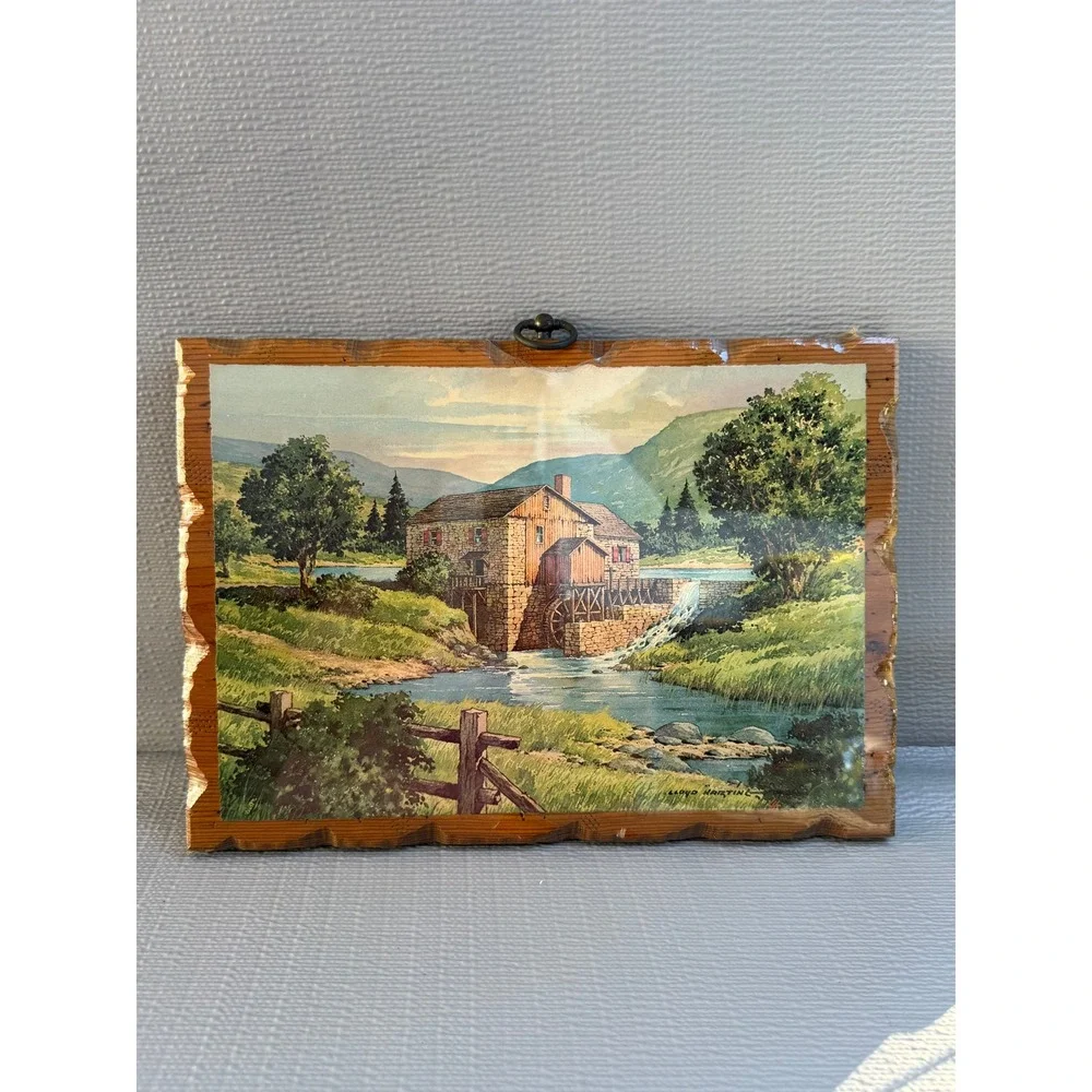 Vintage Lloyd Harting Wood Plaque Water Mill Landscape Art Chas E Lusk MFG CO